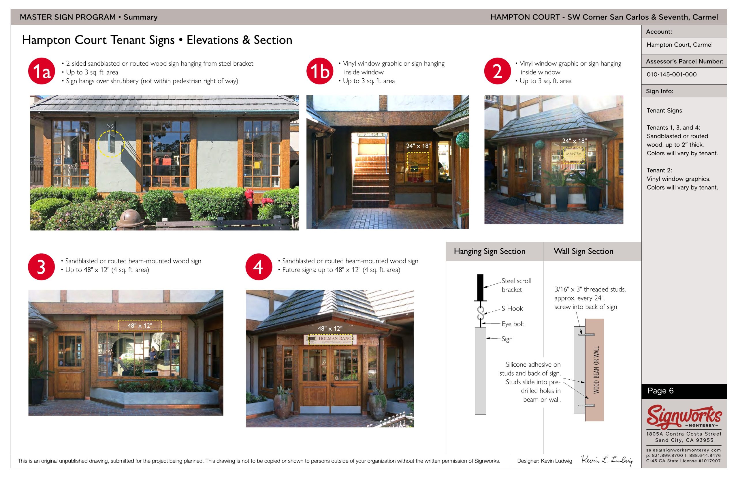 One page from the Hampton Court Master Sign Program — tenant sign elevations, mounting hardware cross-sections, and specifications submitted to the City of Carmel