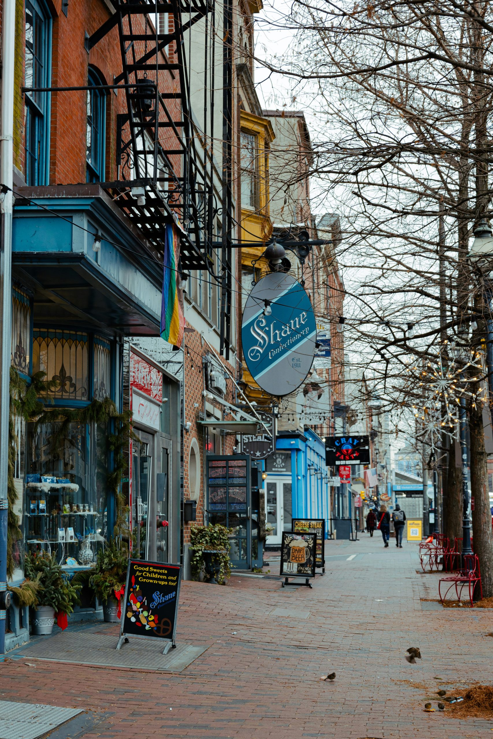 Pedestrians walking past storefronts with visible business signage on a shopping street