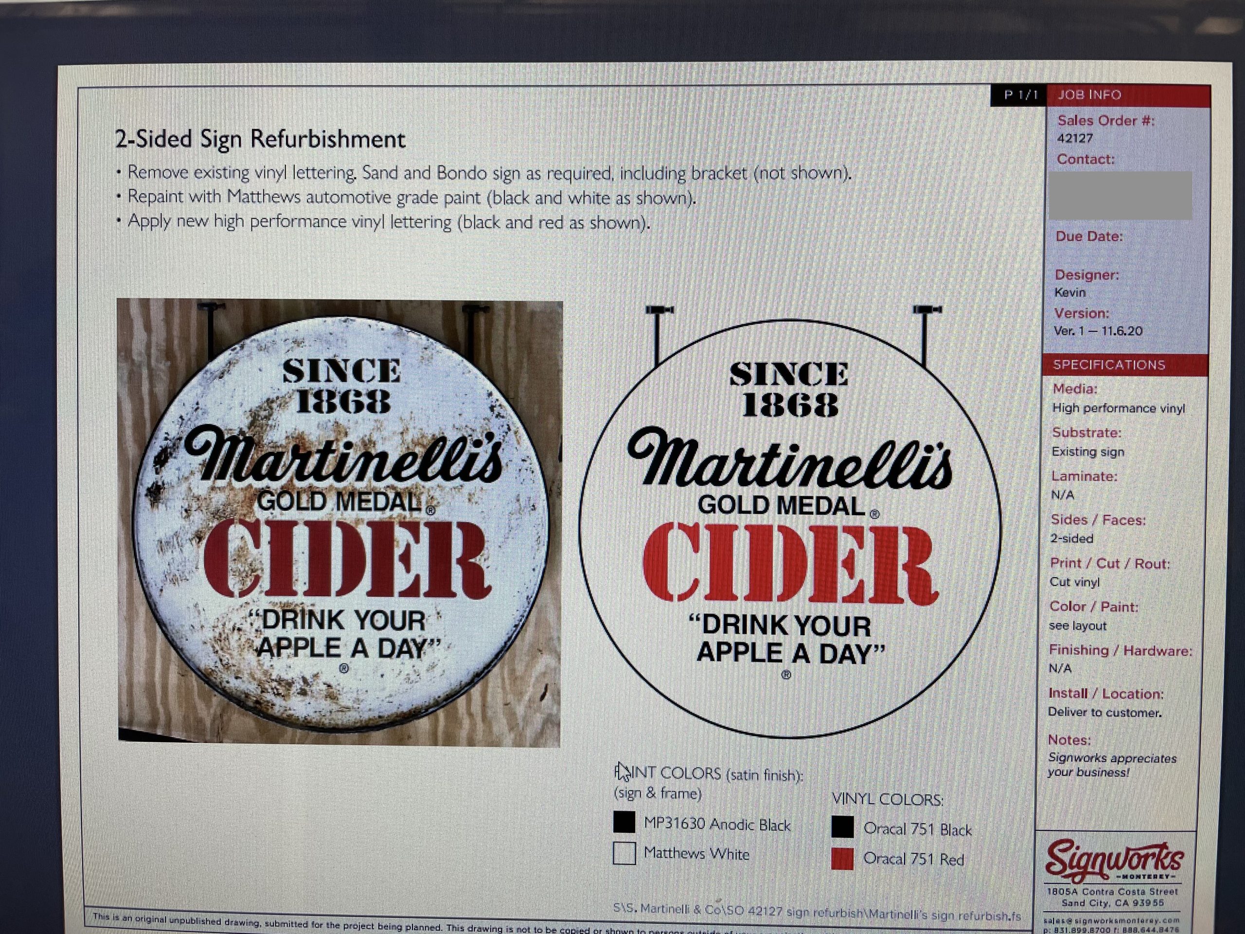 Martinelli's sign design proof and spec sheet prepared by Signworks