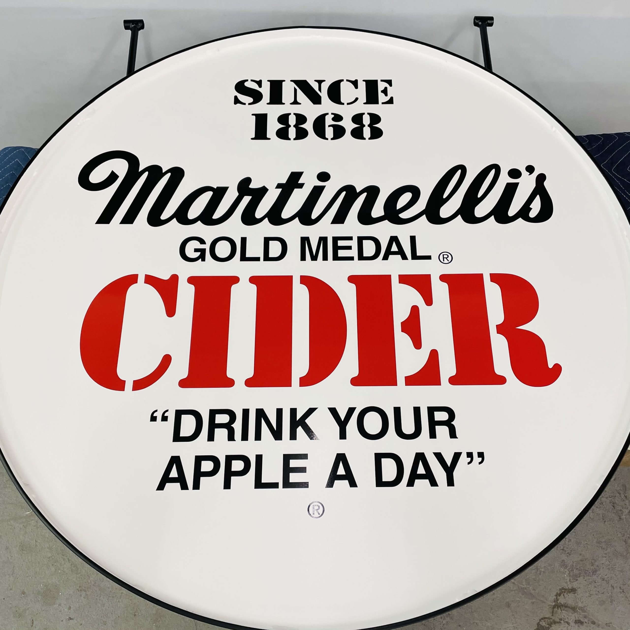 Martinelli's historic sign after refurbishment in the Signworks shop, ready for reinstallation