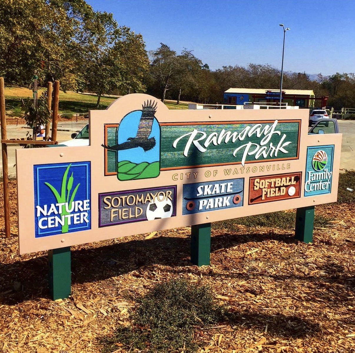 Custom sandblasted park sign designed and installed by Signworks for Ramsay Park in Watsonville