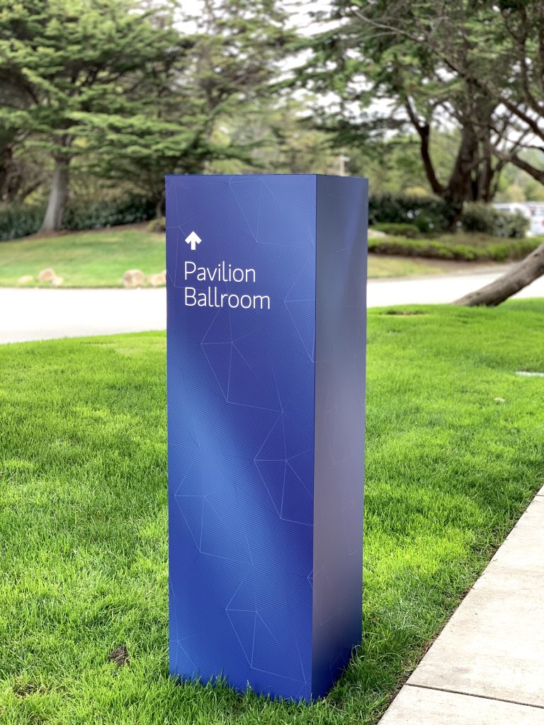 Morgan Stanley branded Pavilion Ballroom directional wayfinding pylon sign at corporate event