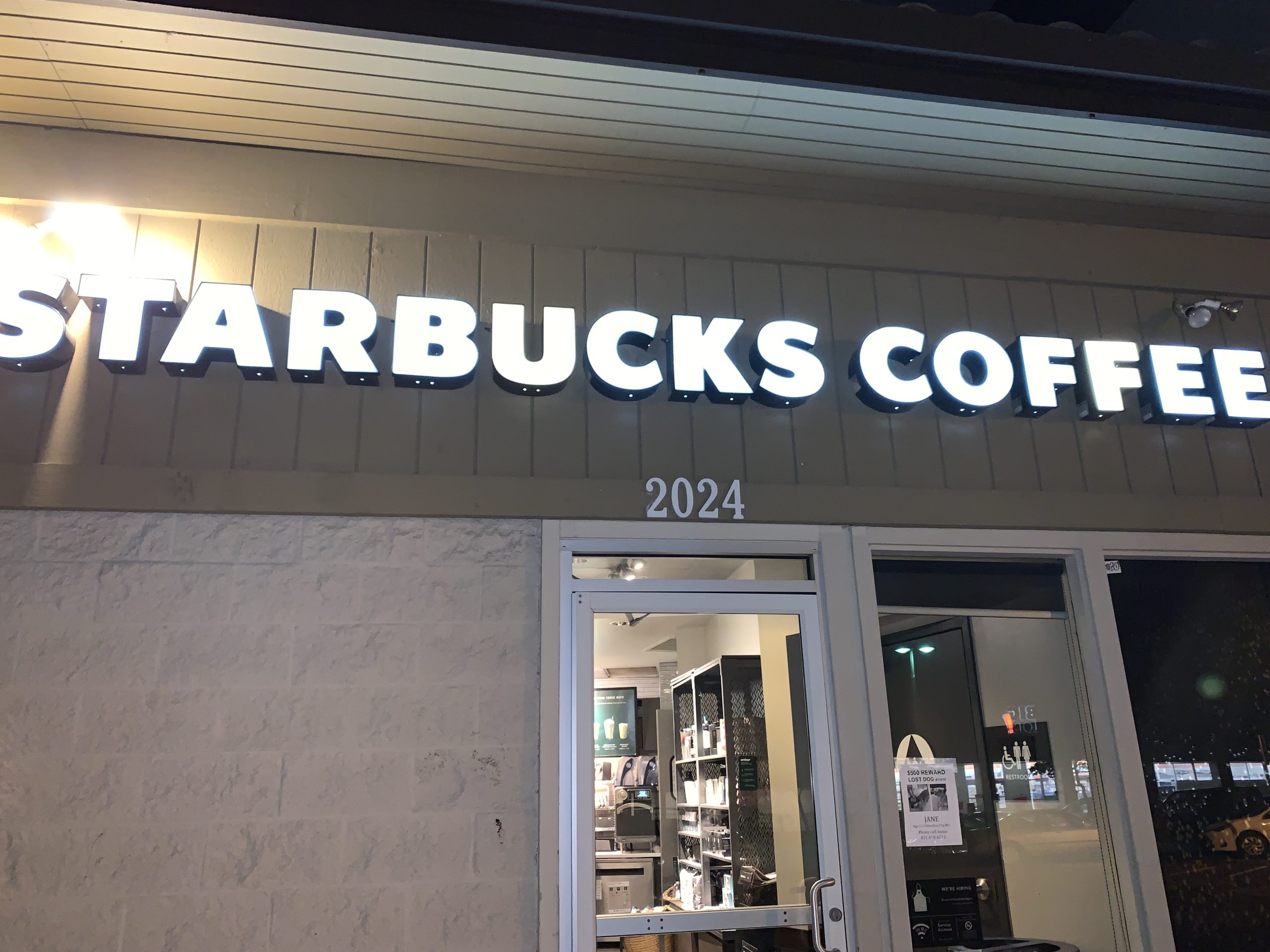 Starbucks Coffee channel letter signage maintained by Signworks in Watsonville at night