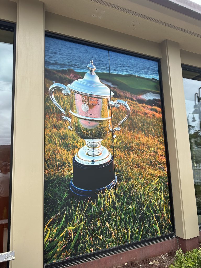 US Womens Open championship trophy window graphics at Pebble Beach produced by Signworks