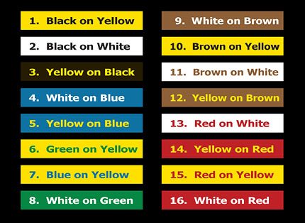 Sign color visibility ranking chart showing 16 color combinations from most visible to least visible