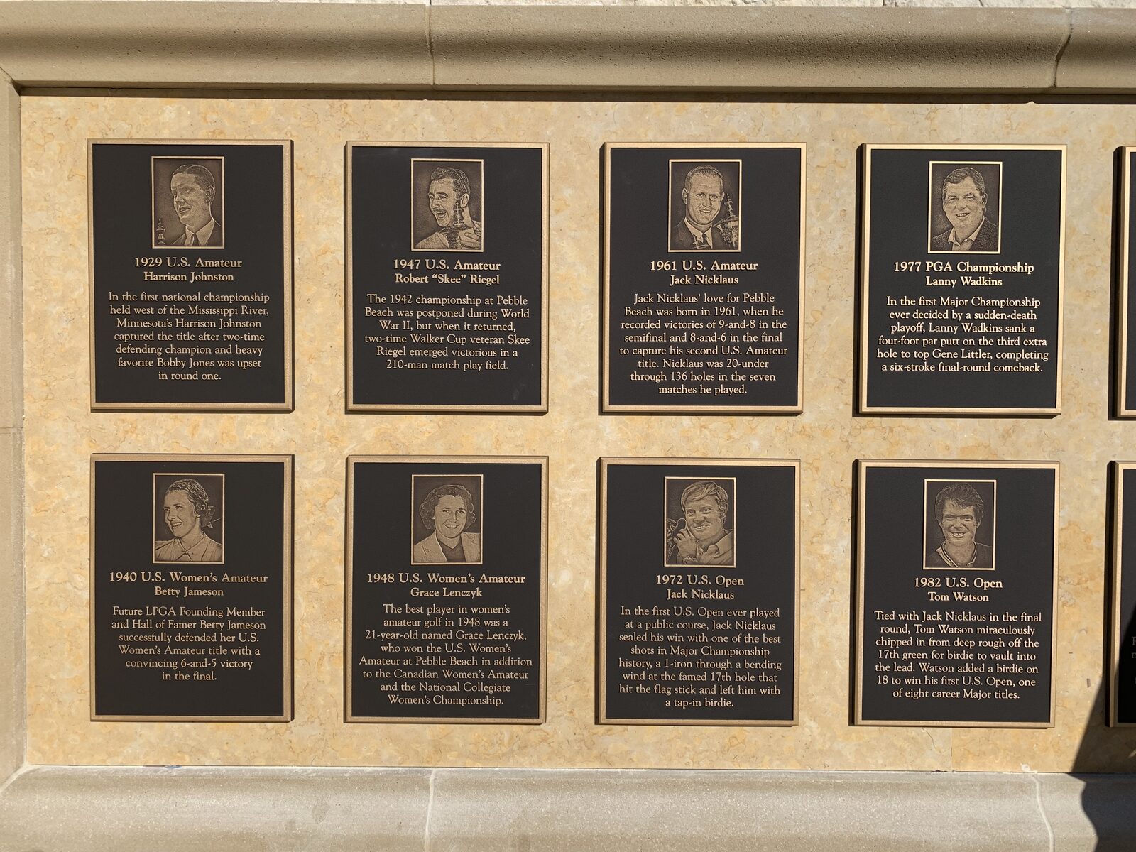 Wall of championship plaques at Pebble Beach by Signworks Monterey